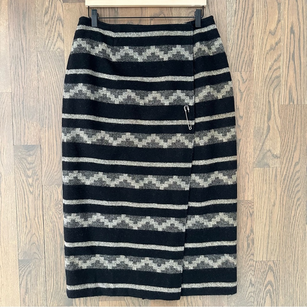 Vintage Jones New York Wool Geometric Print Blanket Midi Wrap Skirt Black 14